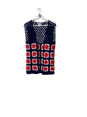 Vintage English Village Crochet Vest Granny Square In Red White Blue Size S/M